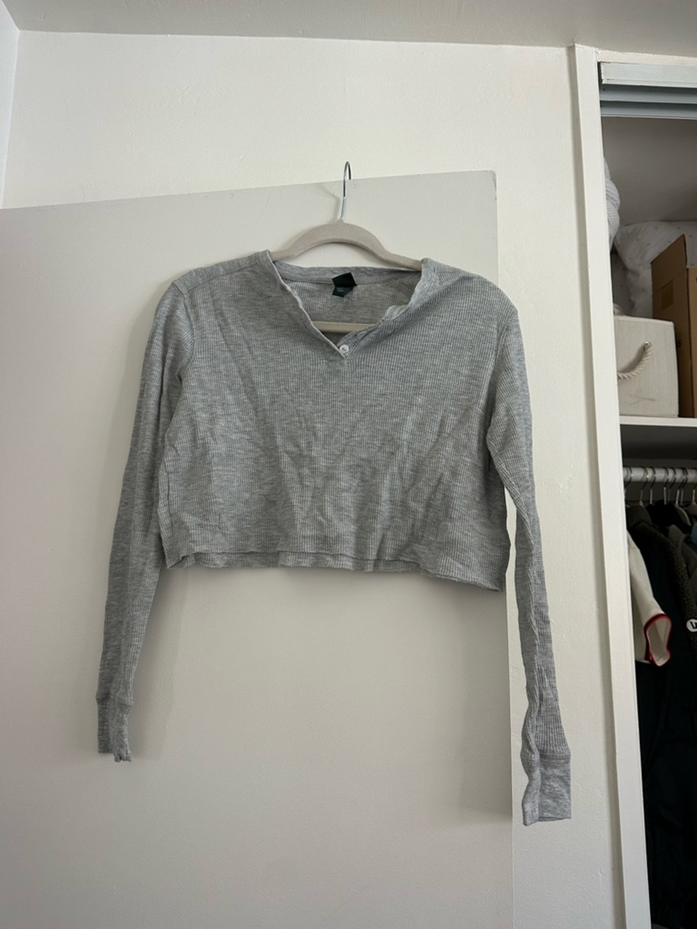 wild fable Gray Cropped Waffle Henley Long-Sleeve Top